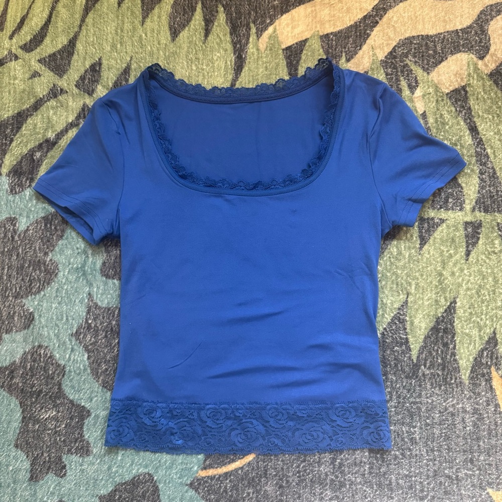 Blue Lace Trim XS Tee Shirt Coquette Balletcore Cottagecore